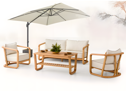 Elegantes Beiges Holz-Textil Sofa-Set mit 3 Sitzen und Sessel