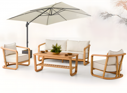 Elegantes Beiges Holz-Textil Sofa-Set mit 3 Sitzen und Sessel