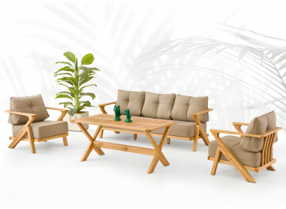 Gartenmöbel Set aus Holz und Textil in Beige, modern, 4-teilig