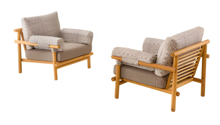 2er Set moderne Beigefarbene Stoffsessel aus Holz für Außenbereiche