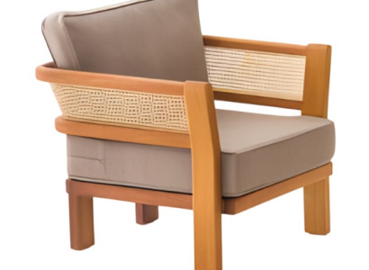 Moderner beiger Holz-Textil Sessel für Balkon und Terrasse