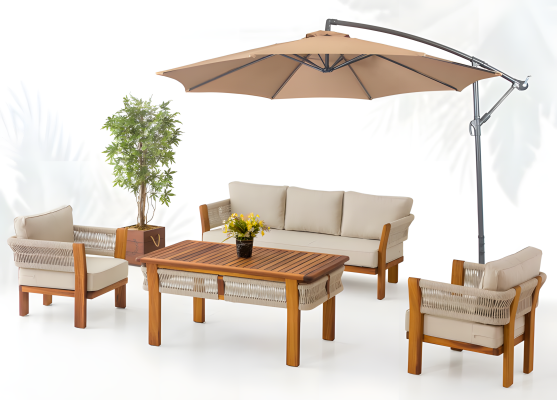 Gartenmöbel Set aus Holz und Textil in Beige, modernes Design