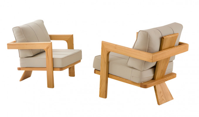 Moderner Beigefarbener Holz-Textil Sessel im stilvollen Design für