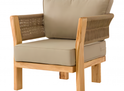 Moderner Beigefarbener Stoffsessel aus Holz für Terrasse und Balkon