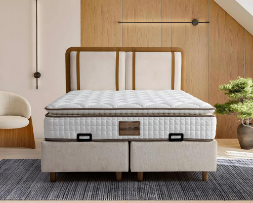 Klare und neutrale Farben machen Bett mit Matratze vielseitig einsetzbar.