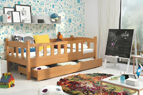 KINDERBETT Bett mit Bettkasten und Rausfallschutz JUGENDBETT Massivholz BETTEN