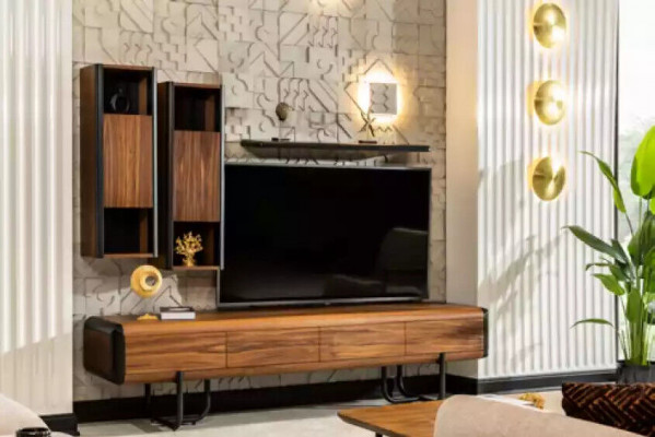 Ein wunderschöner TV-Schrank mit Wandregalen im Loft-Stil, der Ihrem Wohnzimmer ein schickes Aussehen verleih