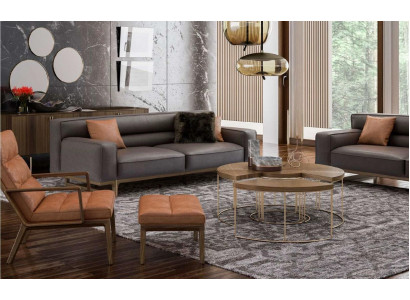 Braune Wohnzimmer Sitzgarnitur Luxuriöser 3-Sitzer Stivloller Sessel Polsterhocker