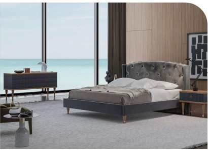 Graue Schlafzimmer Garnitur Luxus Set Doppelbett 2x Nachttische Kommode