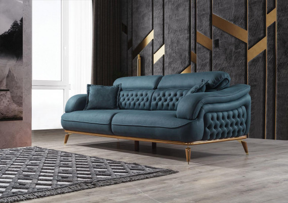 Wohnzimmer Sofa 3 Sitzer Couch Möbel Holz Blau Polster Möbel Sofa Neu
