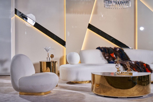 Luxuriöse Weiße Wohnzimmer Garnitur 3-Sitzer Sessel Runder Couchtisch