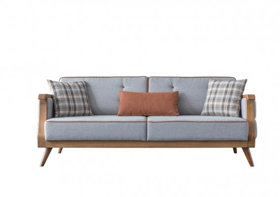 Blaues Stoffsofa Wohnzimmer Dreisitzer Polster Möbel Holzgestell Couch