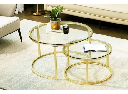  Couchtische 2 Teile Glas Tischplatte Metall goldfarbene Beine Wohnzimmermöbel