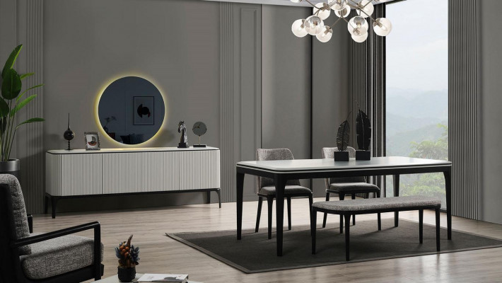  Esszimmer Set 8tlg.Esstisch 4x Stühle Spiegel Anrichte Bank Helles Farbe