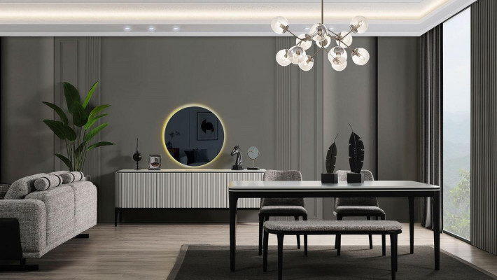  Esszimmer Set 8tlg.Esstisch 4x Stühle Spiegel Anrichte Bank Helles Farbe