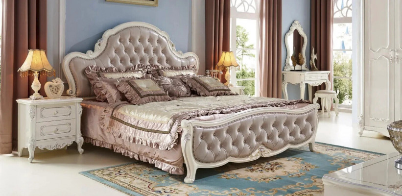 Klassisches Chesterfield-Schlafzimmerset aus Holz mit Lederelementen