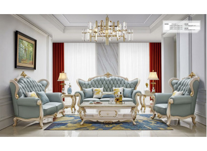 6tlg.Set (Sofagarnitur 3+2+1 Sitzer + Couchtisch + 2x Beistelltisch Massivholz