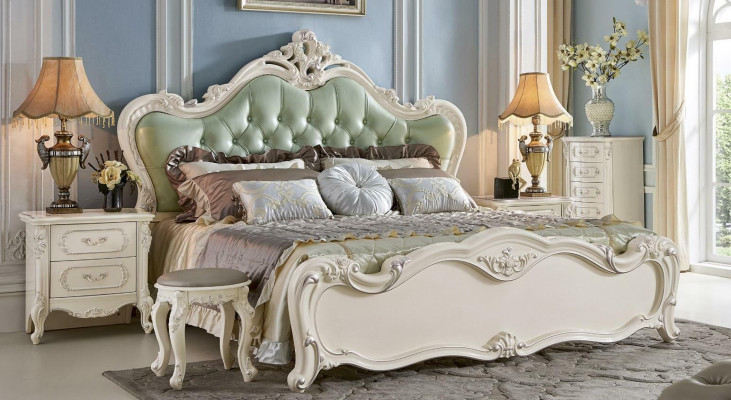 Klassisches Schlafzimmer-Set aus weißem Holz und grünem Leder im Barockstil