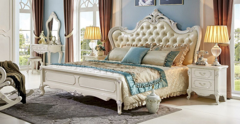 Bett Nachttisch Kleiderschrank 6 tlg Schlafzimmer Set Hocker Barock Massivholz