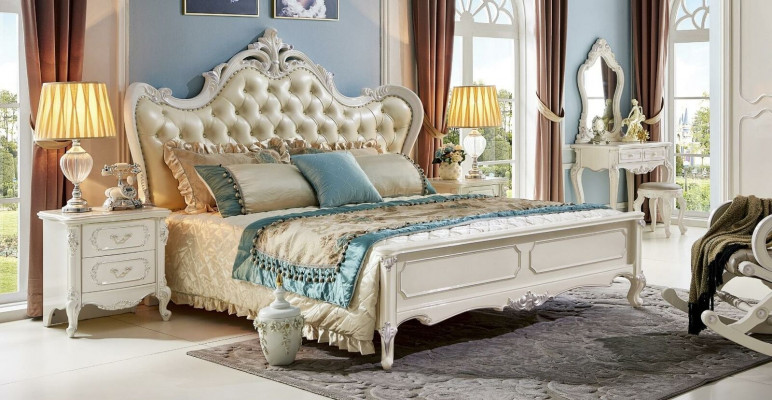 Bett Nachttisch Kleiderschrank 6 tlg Schlafzimmer Set Hocker Barock Massivholz