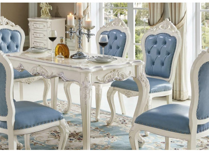 Klassische Weiß-Blaue Esszimmer Möbel Designer Esstisch mit Chesterfield Lederstühlen