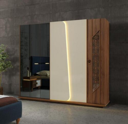 Schlafzimmer Set Bett 2x Nachttische 5tlg Design Textil Holz Kleiderschrank