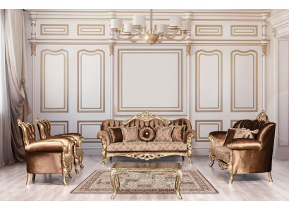 Goldene Samt Couch Set Chesterfield Sofagarnitur Sofa Möbel Holz 5tlg
