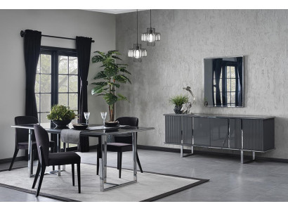 Luxus Esszimmer Set 6tlg Esstisch mit 4x Stühle Design Sideboard mit Spiegel