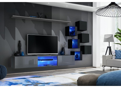 Set Modern Grau Einrichtung Wohnwand TV-Ständer Sideboard Holzmöbel Wandschrank