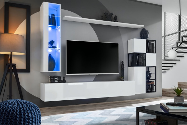 Hänge Vitrine Weiß Wohnwand Designer TV Ständer Komplett 9tlg Holzmöbel Regale