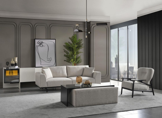 Moderne weiße Sofagarnitur Dreisitzer Sessel Set Polstermöbel Wohnzimmer