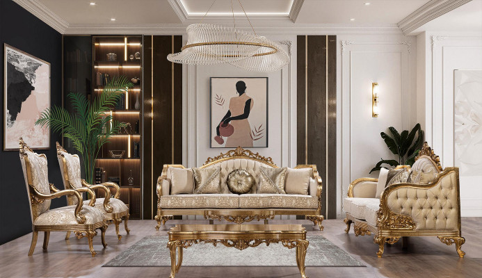 Goldene Couch Klassische Sofagarnitur Polster Möbel 3+1 Couchtisch Stoff