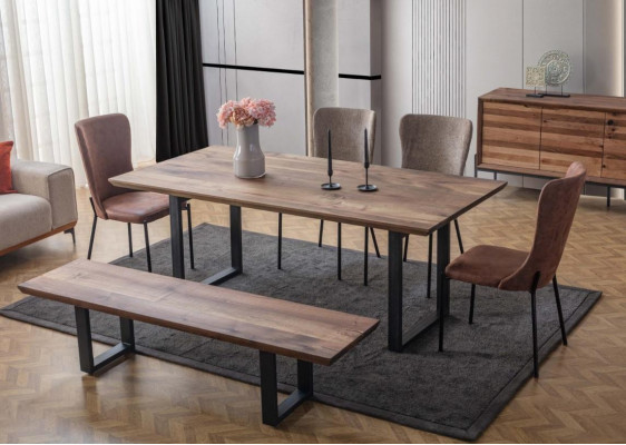 Braune Esszimmer Möbel Luxuriöser Esstisch 4x Poslterstühle Holz Bank