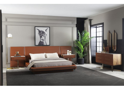 Luxus Schlafzimmer Set Orange Terrakotta Bett Leder Kommode Nachttisch 4tlg.