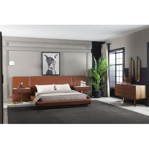 Luxus Schlafzimmer Set Orange Terrakotta Bett Leder Kommode Nachttisch 4tlg.