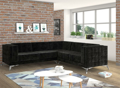 Schwarze Samt Design Ecksofa Chesterfield Sofa Couch Wohnlandschaft Stoff Sitz