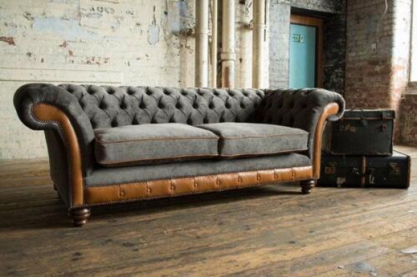 XXL Sofa 3 Sitzer Couch Chesterfield Polster Sitz Garnitur Leder Textil Neu Grau