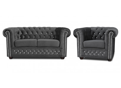 Chesterfield Textil Couch Polster 2Sitzer Stoff Sofas Couchen Zweisitzer Schwarz