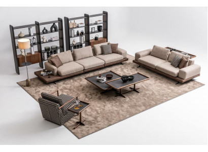 Braunes Textil Sofa Set Wohnzimmer Couche Dreisitzer Luxus Holzmöbel