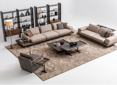 Braunes Textil Sofa Set Wohnzimmer Couche Dreisitzer Luxus Holzmöbel