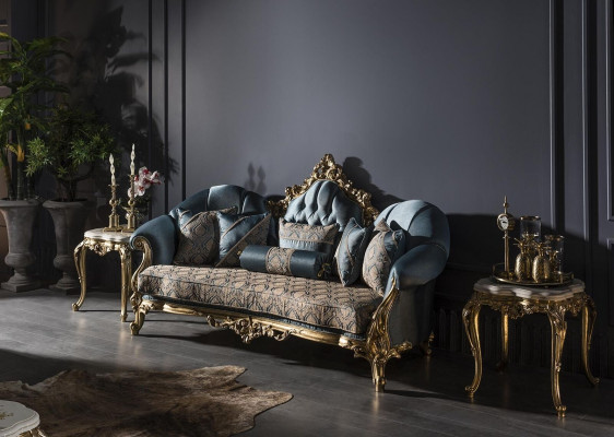 Wohnzimmer Set Blau Sofa 3 Sitzer Elegantes 2x Beistelltisch Design Neu 3tlg.