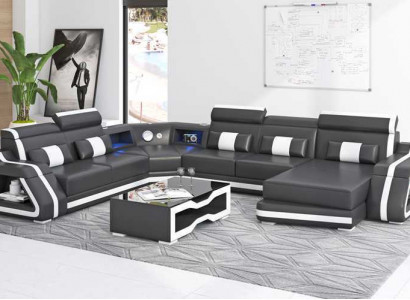Groß Ecksofa Wohnlandschaft XXL Sofa U Form Ledersofa Schwarz Sofas