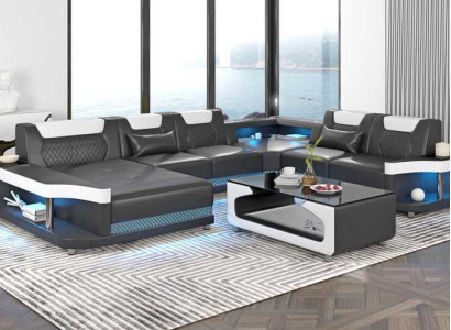 Großes Sofa Wohnlandschaft LED XXL U Form Ecksofa Ledersofa Schwarz