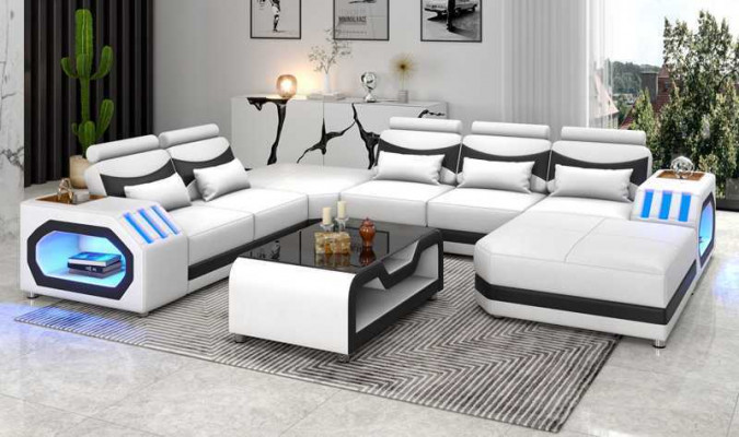 Wohnlandschaft Großes Sofa XXL U Form Ecksofa Ledersofa Weiß Sofas