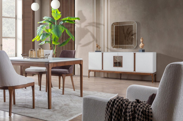 Luxus Esszimmer Set Esstisch 4x Stühle Anrichte Spiegel 7 tlg Modern