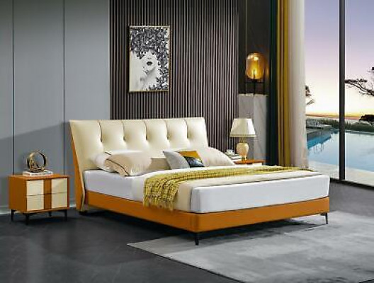 Luxus Lederbett Bett Doppel Ehe Polster Hotel Komplettes Set Nachttische