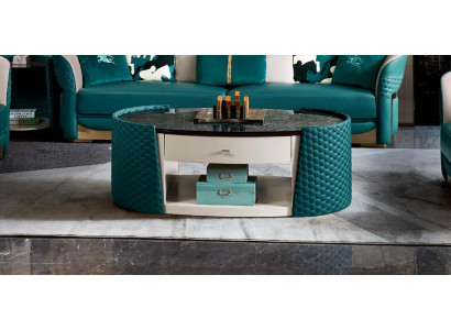 Couchtisch Holz Leder Turkis Ovaler Modern Design Möbel Luxus Wohnzimmer 140x83