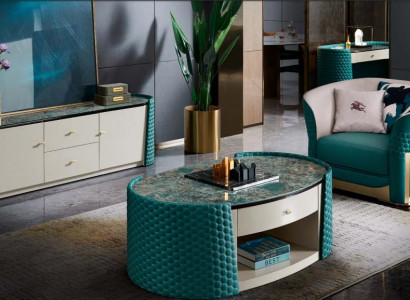 Couchtisch Unterschrank Holz Leder Turkis Modern Neu 2tlg. Design Möbel