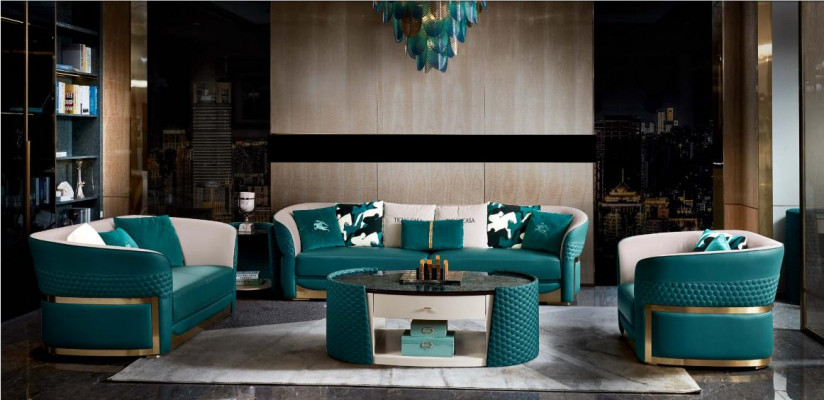 Couchtisch Holz Leder Turkis Ovaler Modern Design Möbel Luxus Wohnzimmer 140x83
