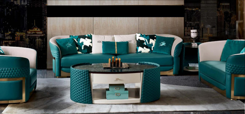 Couchtisch Holz Leder Turkis Ovaler Modern Design Möbel Luxus Wohnzimmer 140x83